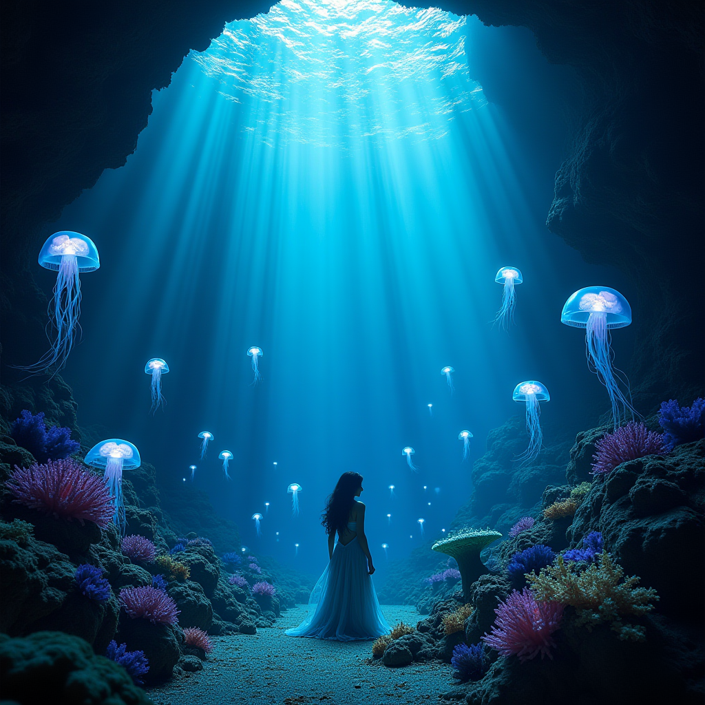 Enchanted underwater palace with bioluminescent coral and glowing jellyfish, ethereal light rays, mermaid silhouette, hyper detailed