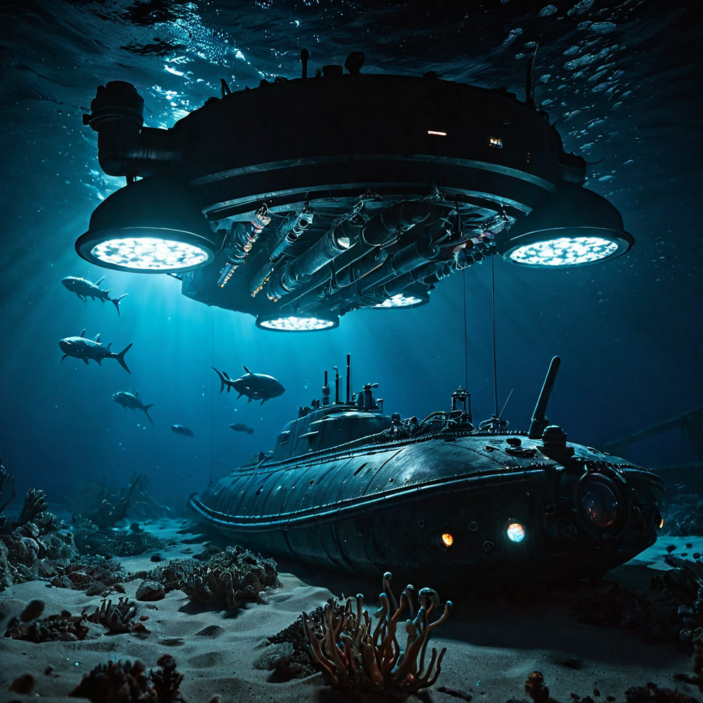 Deep ocean trench with alien bioluminescent creatures, submarine with floodlights, dark and mysterious, concept art