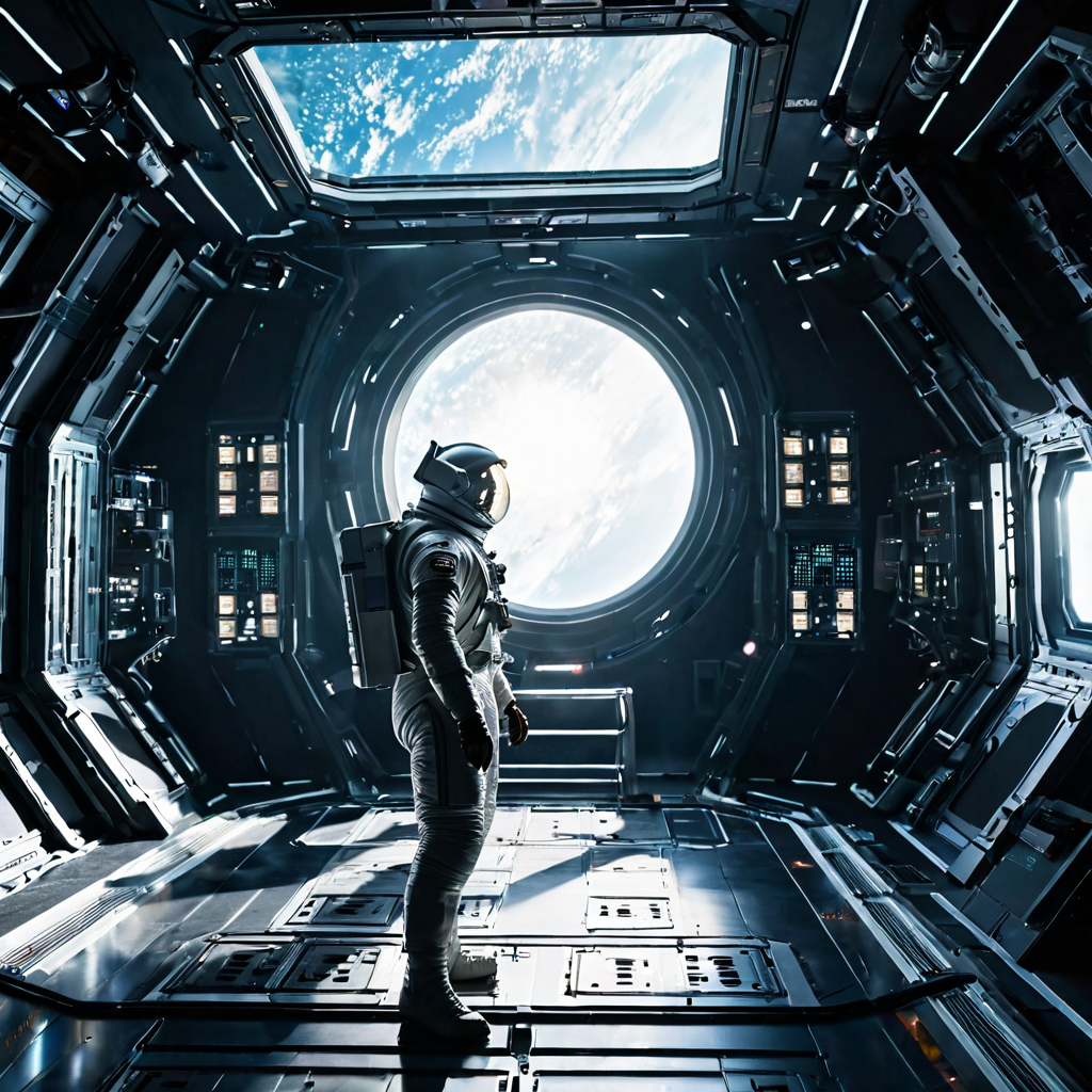 Interior of a futuristic space station, lone astronaut gazing at Earth, volumetric god rays, cinematic concept art, highly detailed, cinematic lighting, movie still, dramatic shadows, anamorphic lens, film grain