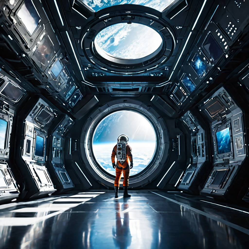 Interior of a futuristic space station, lone astronaut gazing at Earth, volumetric god rays, cinematic concept art, highly detailed