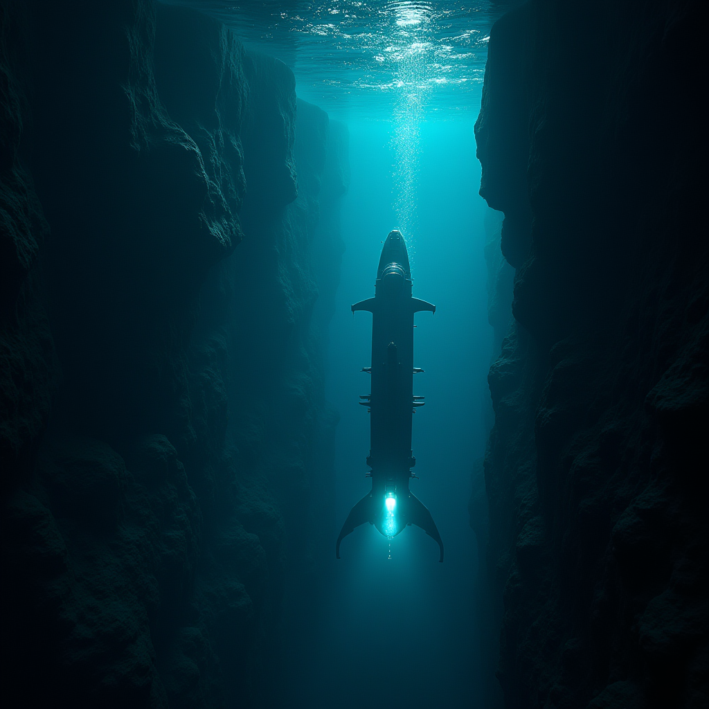 Deep ocean trench with alien bioluminescent creatures, submarine with floodlights, dark and mysterious, concept art