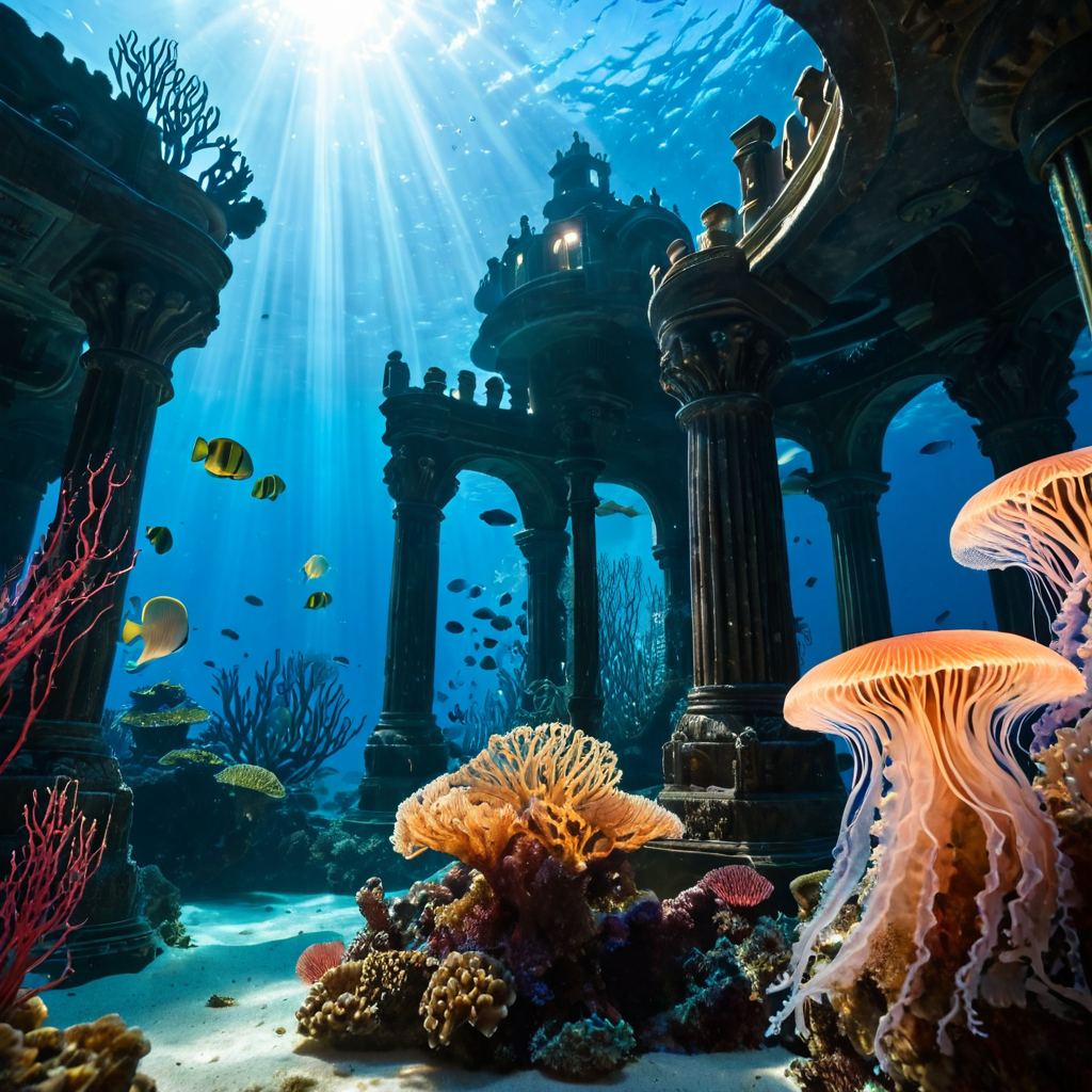 Enchanted underwater palace with bioluminescent coral and gl...