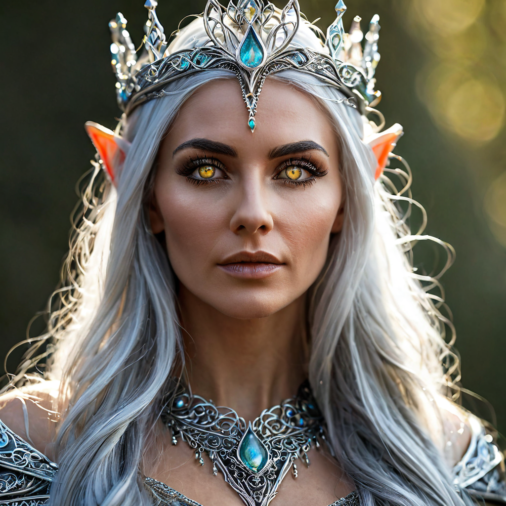 Portrait of an elven queen with flowing silver hair and glowing eyes, intricate crown, fantasy art, highly detailed