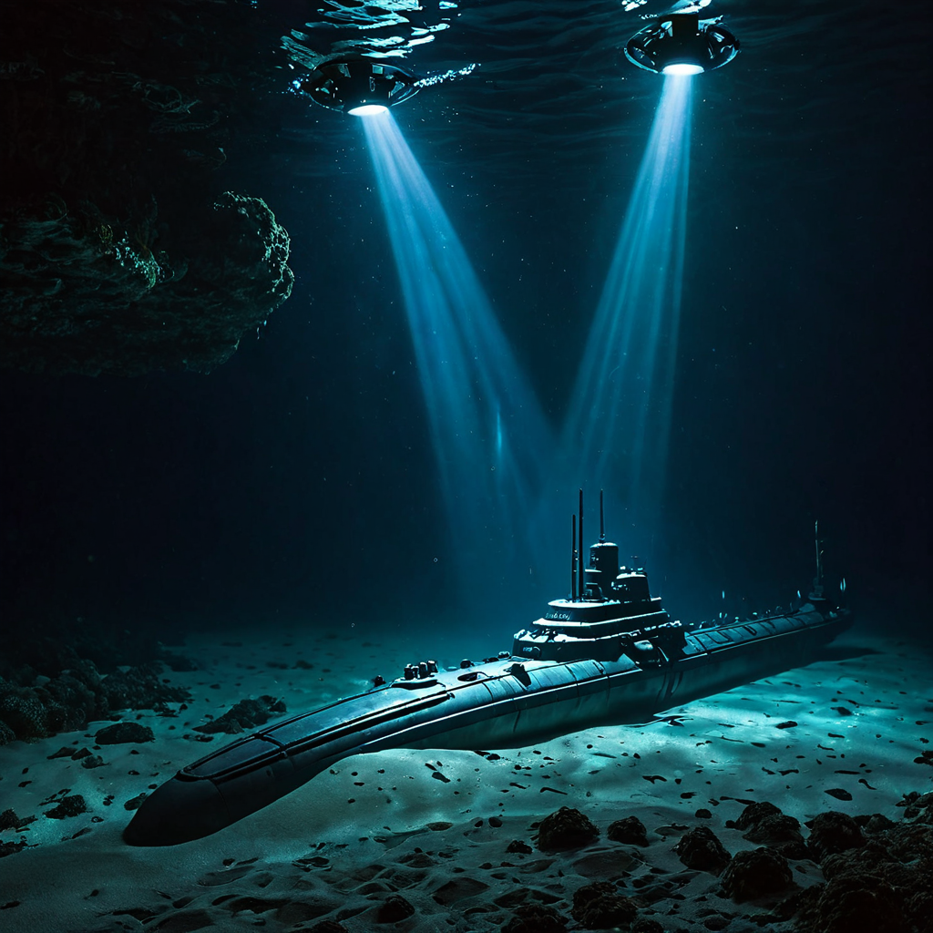 Deep ocean trench with alien bioluminescent creatures, submarine with floodlights, dark and mysterious, concept art, cinematic lighting, movie still, dramatic shadows, anamorphic lens, film grain