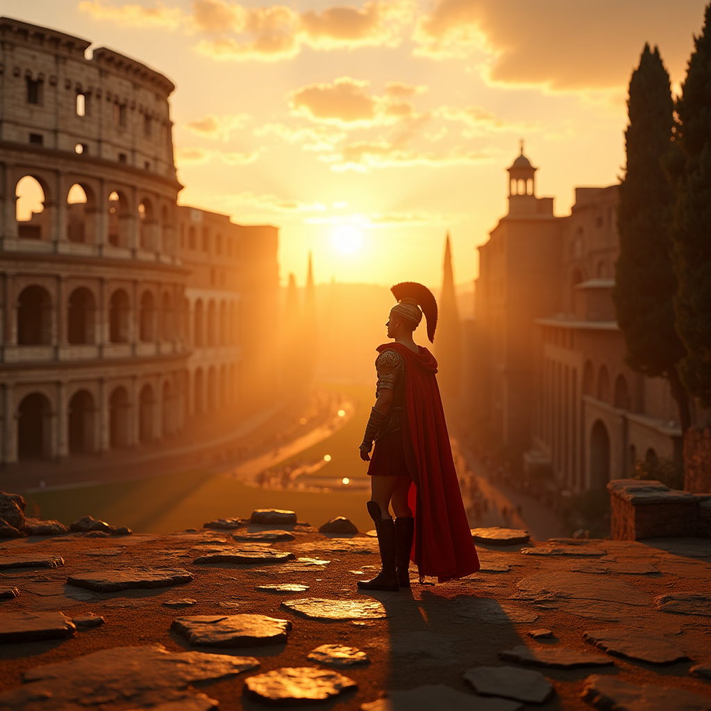Ancient Roman colosseum at sunrise, gladiator silhouette, golden light rays, cinematic wide shot, photorealistic render