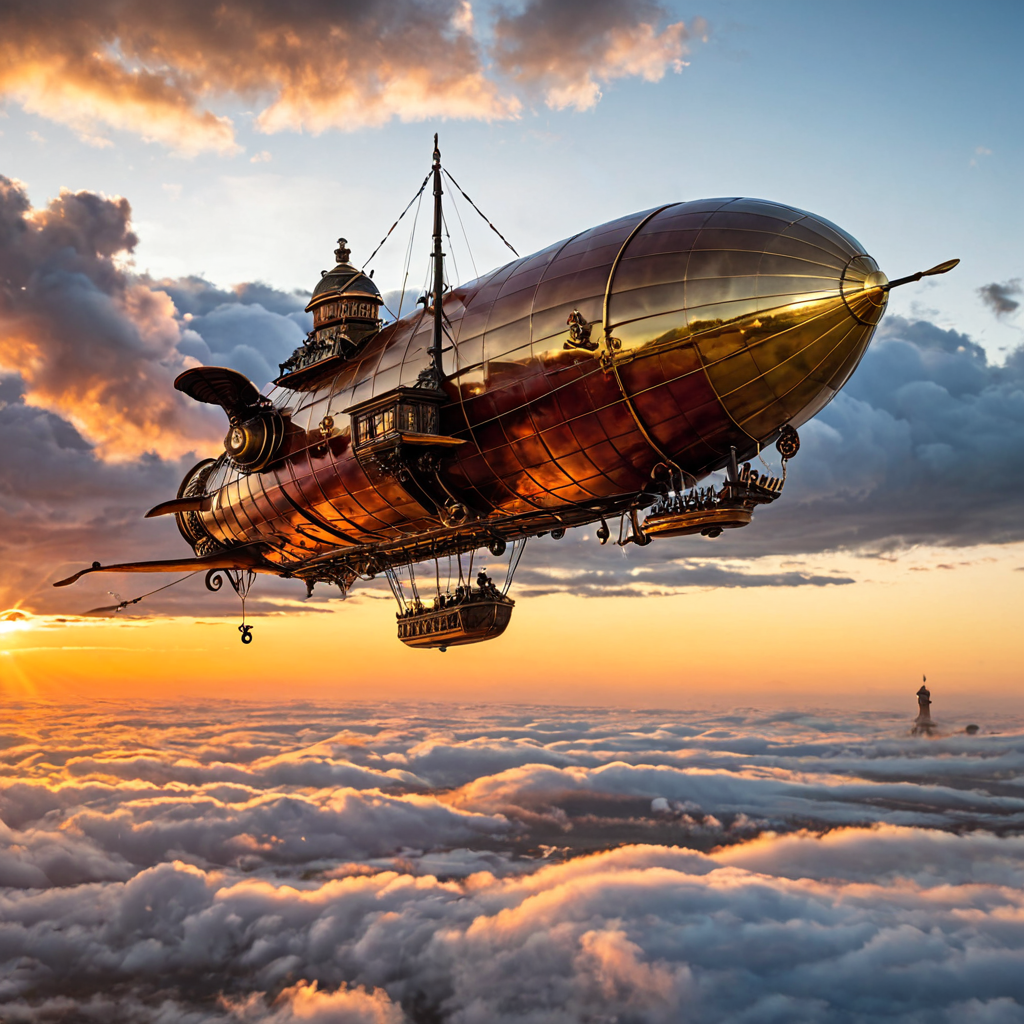 Steampunk airship battle above the clouds at sunset, brass and copper, smoke and fire, epic scale, artstation trending