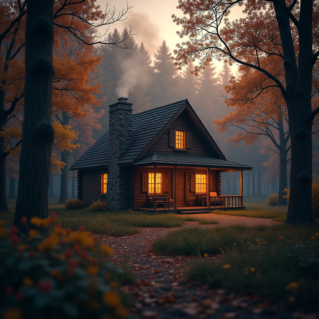 A cozy cabin in an autumnal forest at dusk, warm light through windows, smoke from chimney, photorealistic, peaceful, digital painting, concept art, artstation trending, highly detailed