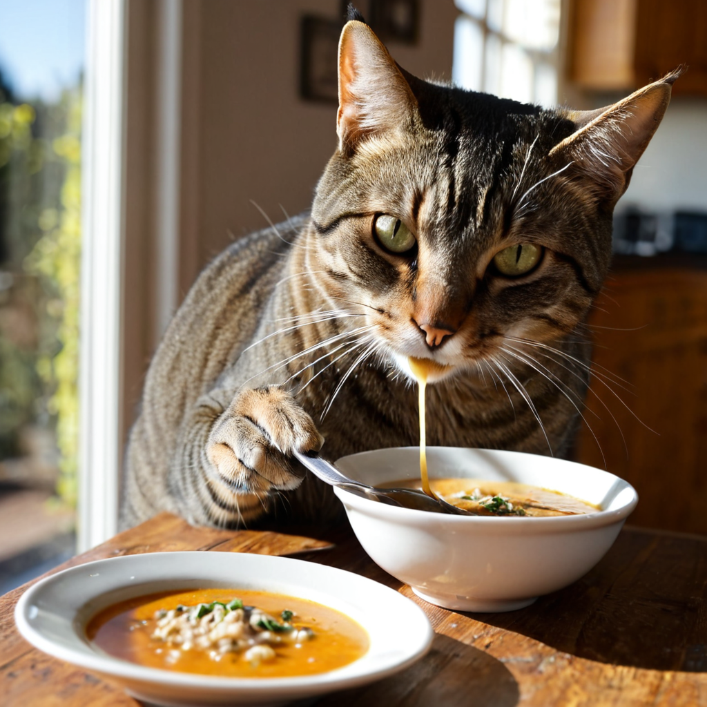 A cat eating soup on a tabel on a sunny day in the kitchen