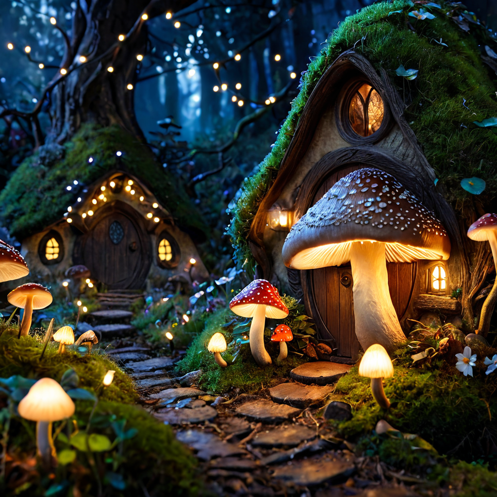 Enchanted mushroom forest at night, glowing spores, tiny fairy lights, hobbit cottage, Tolkien-inspired, highly detailed painting