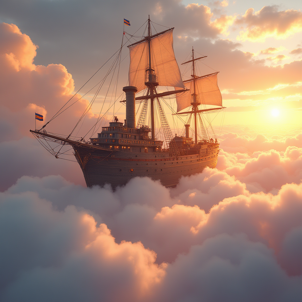 Steampunk airship battle above the clouds at sunset, brass and copper, smoke and fire, epic scale, artstation trending, watercolor illustration, soft washes, loose brushstrokes, delicate