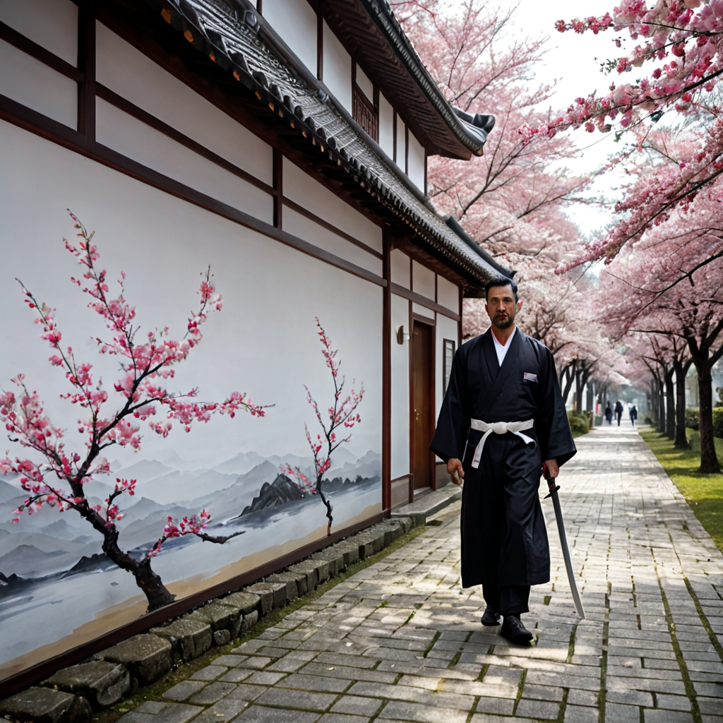 Japanese samurai walking through cherry blossom storm, katana drawn, soft diffused light, ink wash painting style
