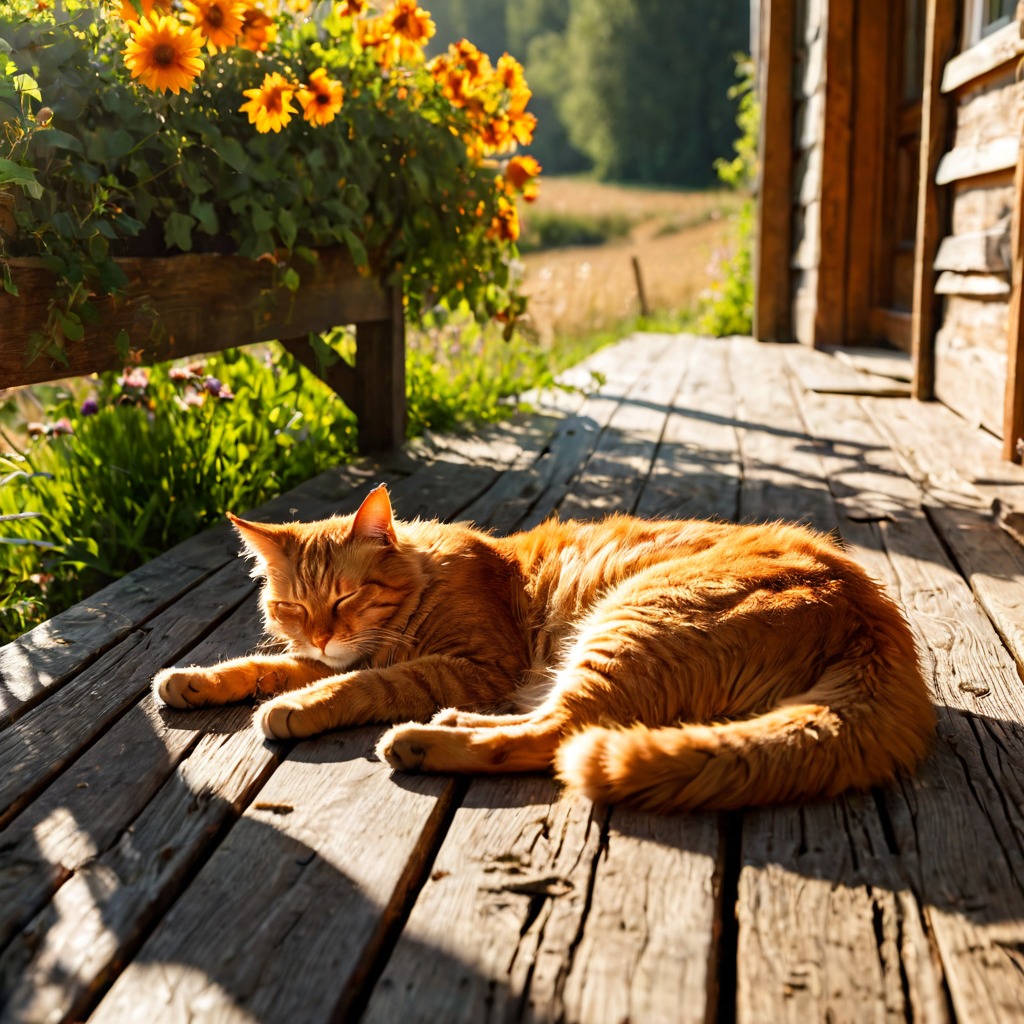 A fluffy red tabby cat stretched out asleep on a sun-warmed...