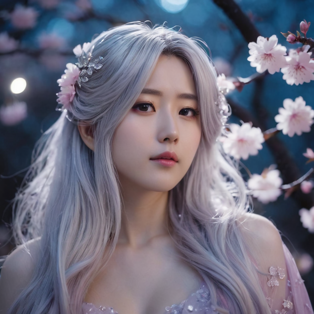 Anime girl with silver flowing hair in a moonlit sakura garden, petals falling, soft studio ghibli style, pastel tones