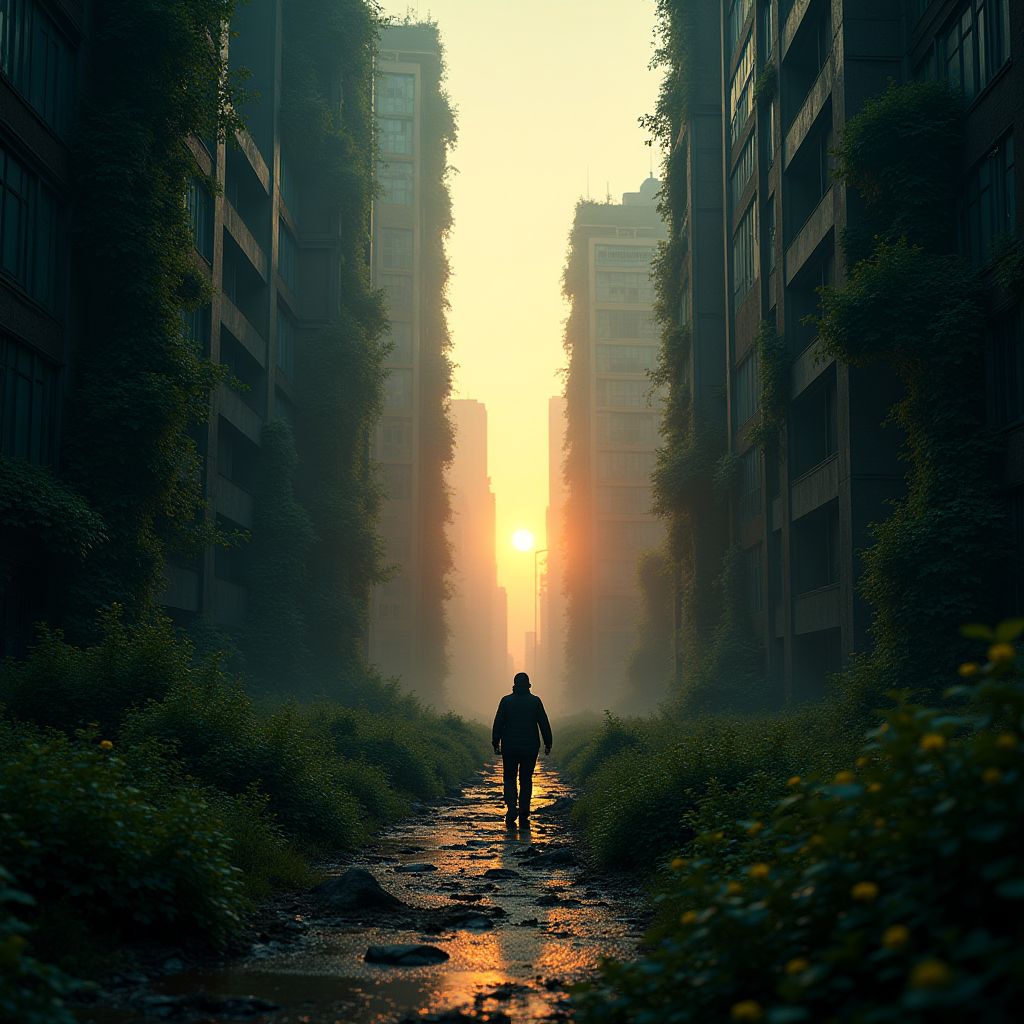 Post-apocalyptic city overgrown with nature, vines on skyscrapers, sunrise, lone traveler, cinematic, artstation, dark fantasy, gothic, ominous atmosphere, dramatic shadows