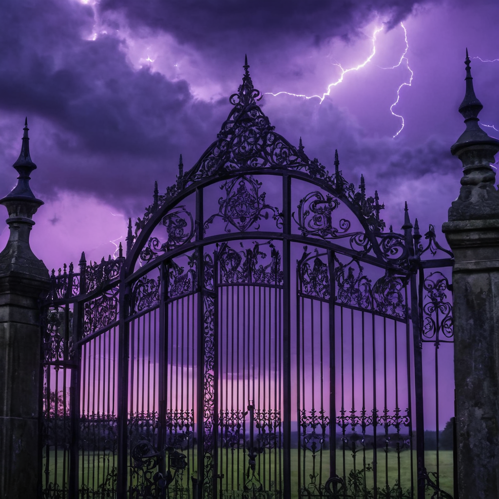 Victorian gothic mansion at stormy dusk, lightning, ravens on iron gates, purple twilight sky, detailed ink illustration