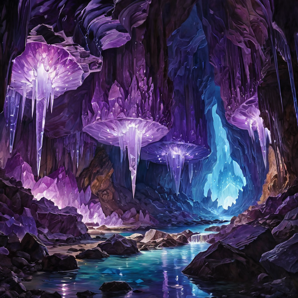 A crystal cave with towering amethyst formations, magical glow, underground river, concept art, ultra detailed, oil on canvas, museum quality, expressive brushwork, classical painting