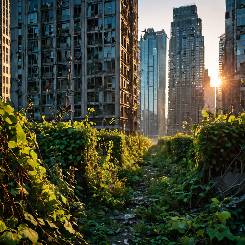 Post-apocalyptic city overgrown with nature, vines on skyscrapers, sunrise, lone traveler, cinematic, artstation