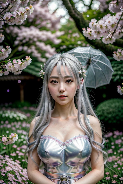 Here is the rewritten SD prompt:

Fantasy, anime girl, silver hair, sakura garden, soft lighting, warm tone, Studio Ghibli inspiration, whimsical atmosphere, delicate flowers, gentle breeze, 8K UHD, highly detailed, medium-high camera angle, shallow depth of field, romantic mood, serene setting, epic fantasy, magical atmosphere, dramatic, artstation, greg rutkowski