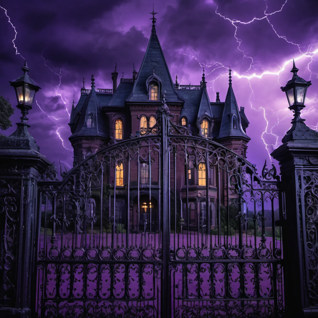 Victorian gothic mansion at stormy dusk, lightning, ravens on iron gates, purple twilight sky, detailed ink illustration