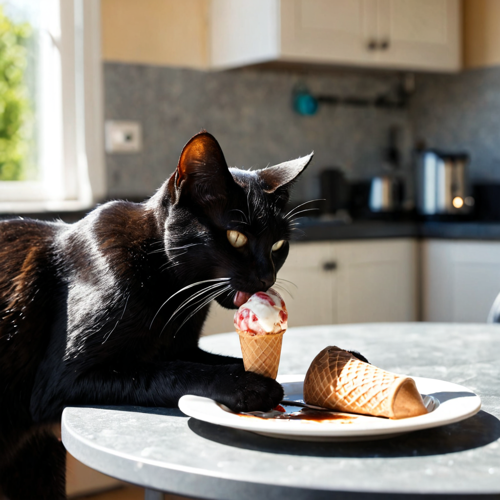 Black cat eating ice cream on a tabel on a sunny day in the...