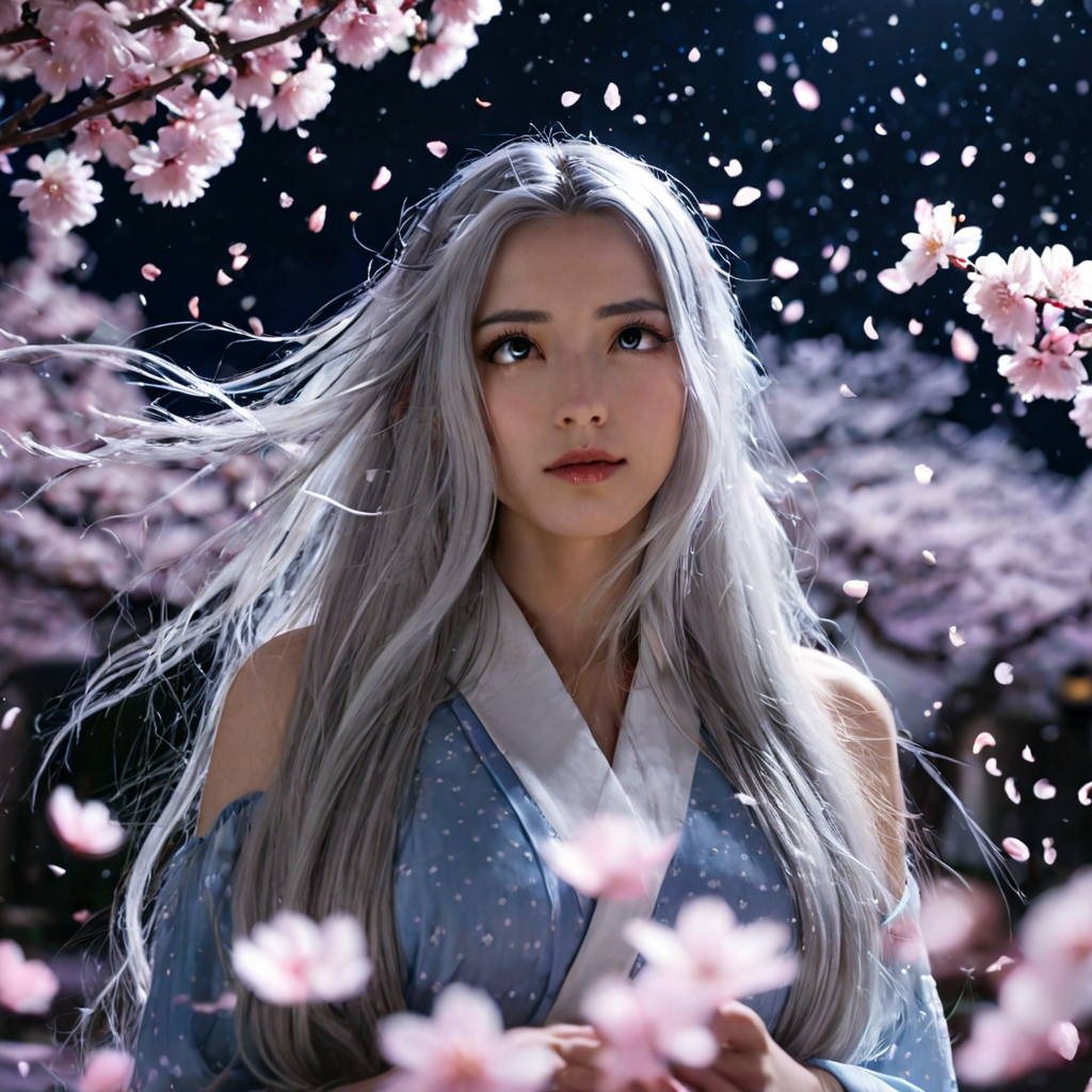 Anime girl with silver flowing hair in a moonlit sakura garden, petals falling, soft studio ghibli style, pastel tones, cinematic lighting, movie still, dramatic shadows, anamorphic lens, film grain