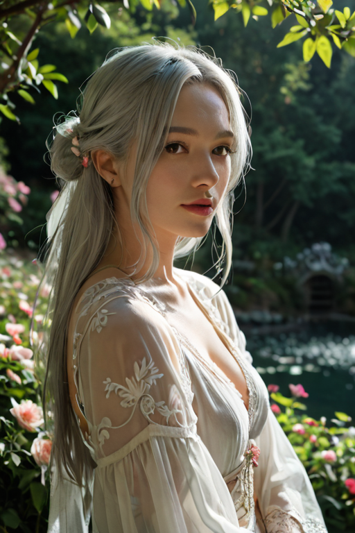 Here is the rewritten SD prompt:

Fantasy, anime girl, silver hair, sakura garden, soft lighting, warm tone, Studio Ghibli inspiration, whimsical atmosphere, delicate flowers, gentle breeze, 8K UHD, highly detailed, medium-high camera angle, shallow depth of field, romantic mood, serene setting, epic fantasy, magical atmosphere, dramatic, artstation, greg rutkowski