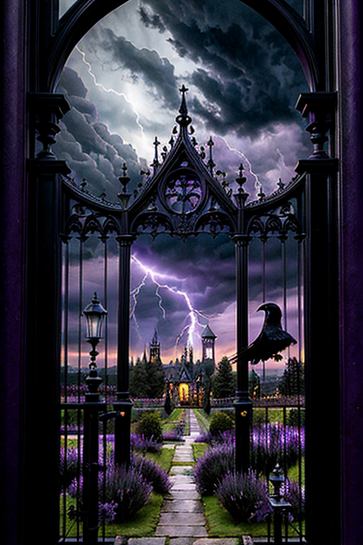 Victorian gothic mansion at stormy dusk, lightning, ravens on iron gates, purple twilight sky, detailed ink illustration