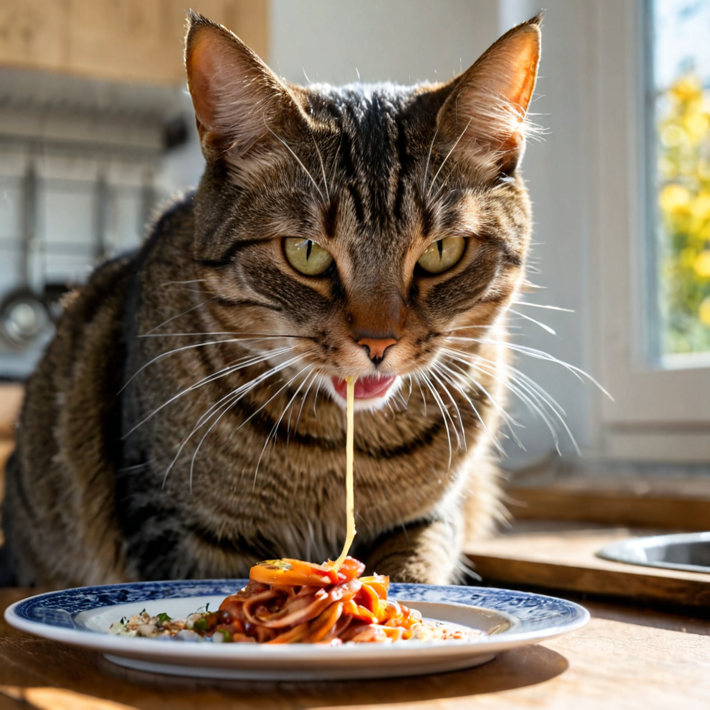 A cat eating on a tabel on a sunny day in the kitchen