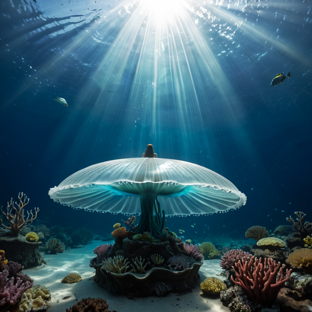 Enchanted underwater palace with bioluminescent coral and glowing jellyfish, ethereal light rays, mermaid silhouette, hyper detailed, epic fantasy, magical atmosphere, dramatic, artstation, greg rutkowski