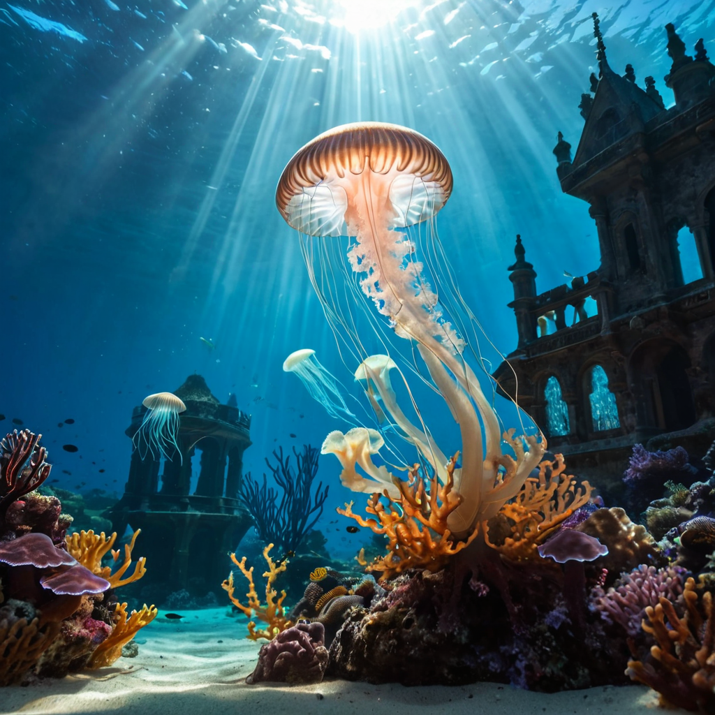 Enchanted underwater palace with bioluminescent coral and glowing jellyfish, ethereal light rays, mermaid silhouette, hyper detailed